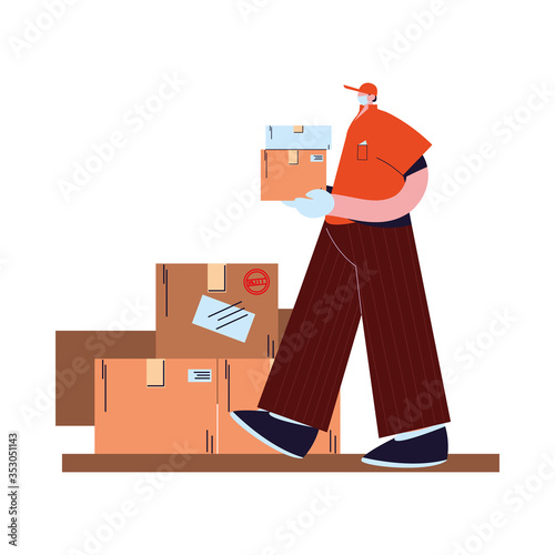 man with face mask, gloves and shipping packages