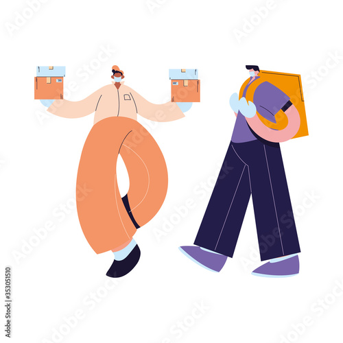 couriers with mask, gloves, and shipping packages