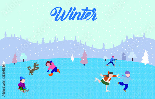 vector drawing of a winter landscape. Children play and ski, skate and sled.