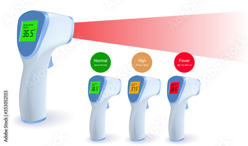 realistic 3d elements vector of non-contact infrared thermometer isolated on white background.