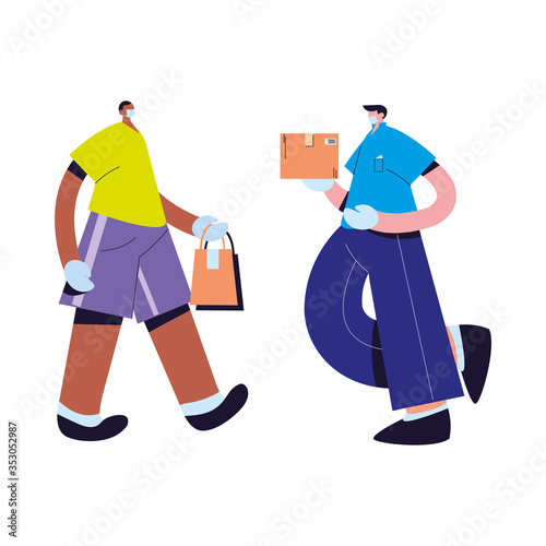 couriers with mask, gloves, and shipping packages