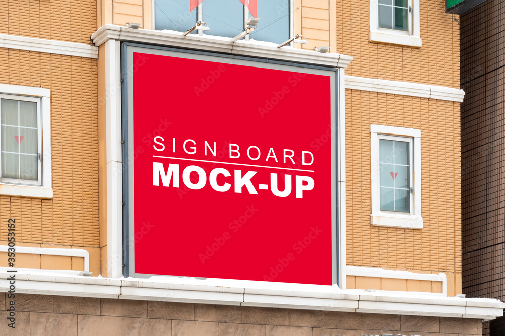 Mock up square outdoor billboard on windows of building Mock up square outdoor billboard on windows of building