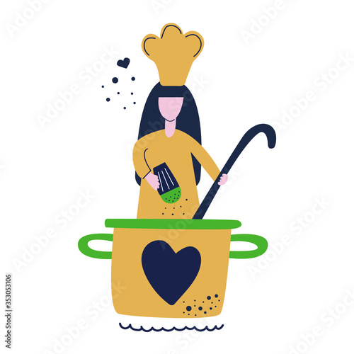The cook girl cooks in a large saucepan, salts and holds big ladle. Modern flat vector illustration. Cooking classes. 