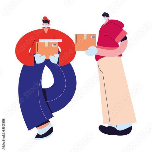 couriers with mask, gloves, and shipping packages