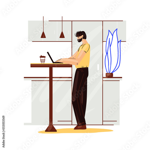 Freelance man work in comfortable cozy home office in kitchen vector flat illustration. Freelancer man character working from home at relaxed pace, self employed concept