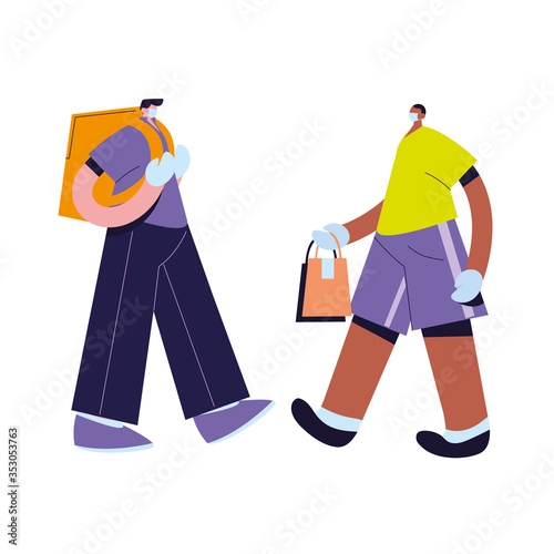 couriers with mask, gloves, and shipping packages