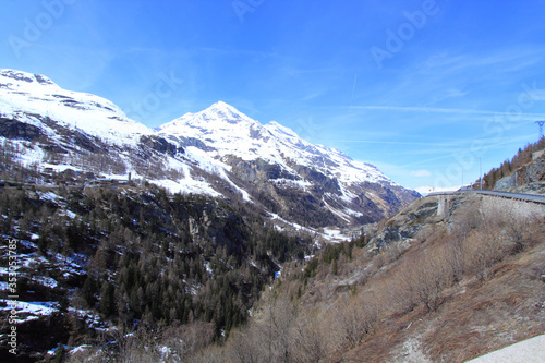 Panoramic view of the mountains of France on a winter sunny day. Haute Savoy  France. Snow Park.