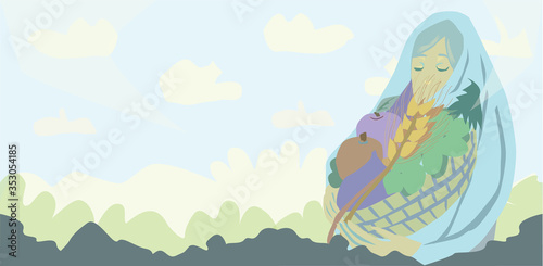 A woman dressed with shawl. Holds a wicker basket containing fruits: wheat, grapes, fig, pomegranate, orange, apple, olives. on the Jewish holiday - shavuot Pastel shades. artistic vector art.