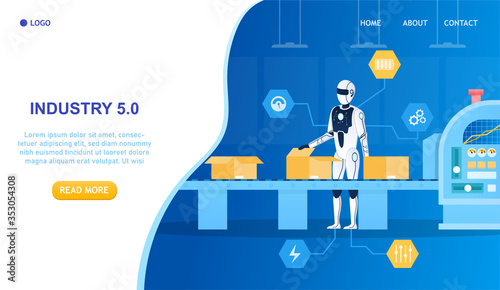 Robot factory worker. Android works on the assembly line Artificial Intelligence in Production Industry 5.0 concept Futuristic Technology Modern Manufacturing Innovation Robot Flat Vector Illustration