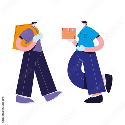 couriers with mask, gloves, and shipping packages