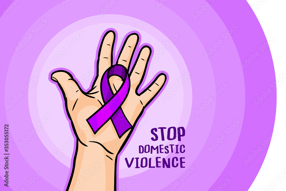 Fototapeta premium Concept of healthcare, charity, people and social problems. Hands with purple violet domestic violence awareness ribbon and hearts.