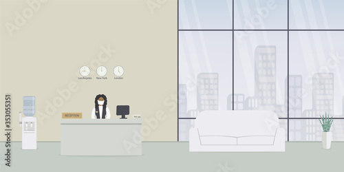 African american woman receptionist in protective medical mask behind workplace in hotel or bank. Interior of modern reception desk in waiting room or hall in business office.eps10 flat illustration