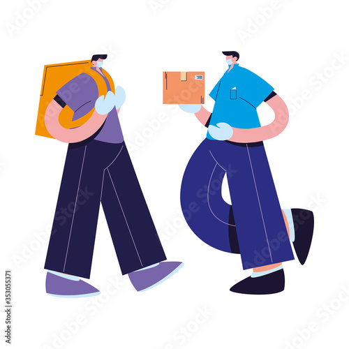 couriers with mask, gloves, and shipping packages