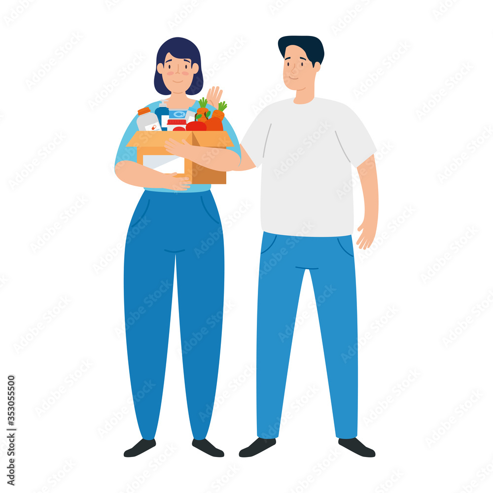 young couple and basket with food and groceries on white background vector illustration design young couple and basket with food and groceries on white background vector illustration design