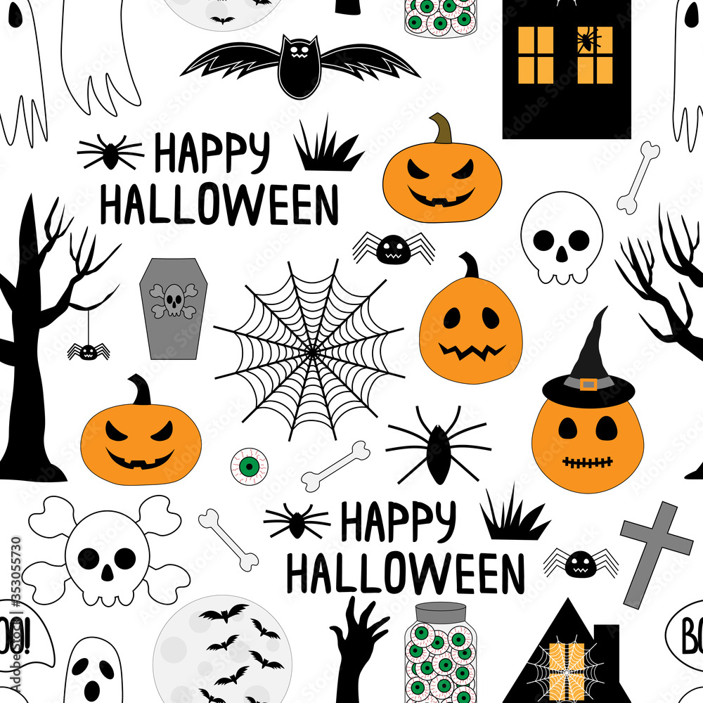 Seamless pattern happy halloween, pumpkin, bat, spider, cross, skull, ghost vector illustration Seamless pattern happy halloween, pumpkin, bat, spider, cross, skull, ghost vector illustration