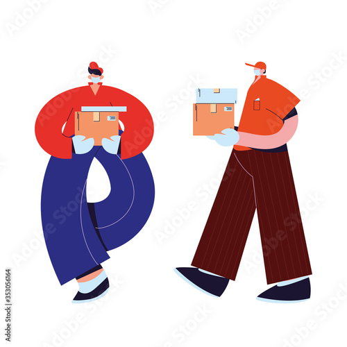 couriers with mask, gloves, and shipping packages