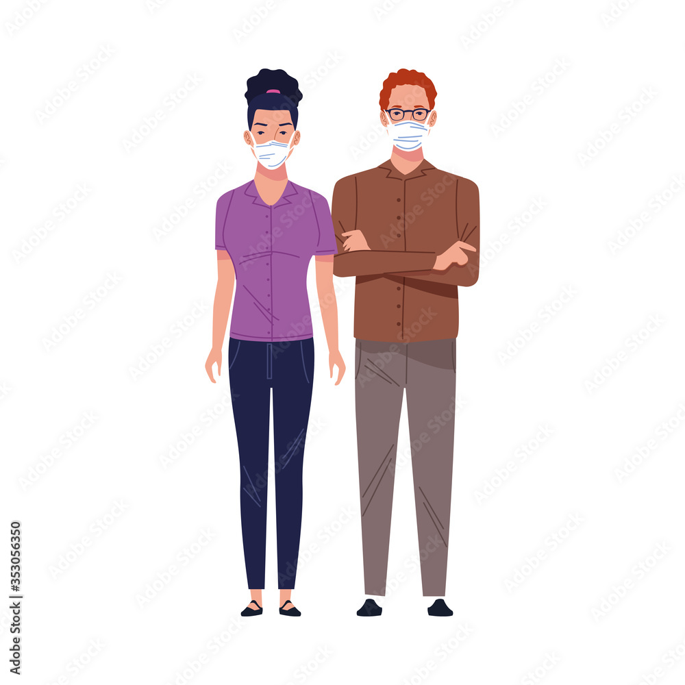 young couple using medical masks characters