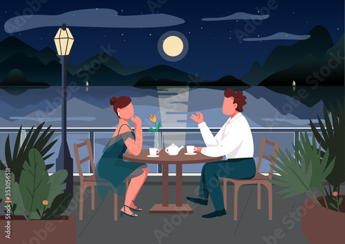 Romantic date in seaside resort town flat color vector illustration. Couple dinner in restaurant. Man and woman in street cafe together 2D cartoon characters with sea and sunset on background