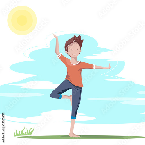 Cute cartoon guy doing energy practice on open air. Young man irelax n yoga pose. Vector illustration.