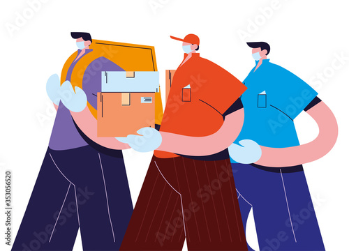 men couriers with mask, gloves, and shipping packages