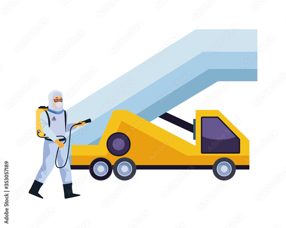 biosafety worker with sprayer portable and car stairs biosafety worker with sprayer portable and car stairs