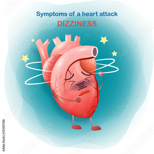 The heart has dizziness. Cartoon symptom of heart attack icon, chest pain. Emergency and cardiology on pink background. Vector modern style for web and medical apps. Vector illustration