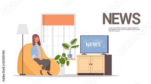 woman watching TV daily news program on television girl sitting on armchair modern living room interior full length horizontal copy space vector illustration