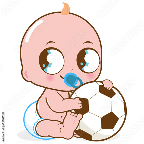 A cute baby boy holding a soccer ball. Vector Illustration 