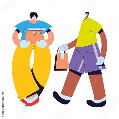 couriers with mask, gloves, and shipping packages