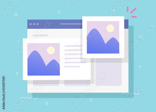 Photo album online with digital picture gallery watching on website and text comments or internet electronic photography images web files vector flat cartoon illustration