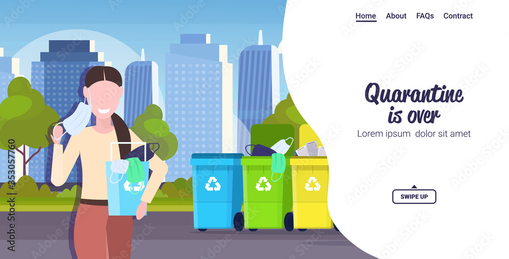 Obraz premium happy woman throwing out face masks coronavirus quarantine is over covid-19 pandemic time finish cityscape background horizontal copy space portrait vector illustration