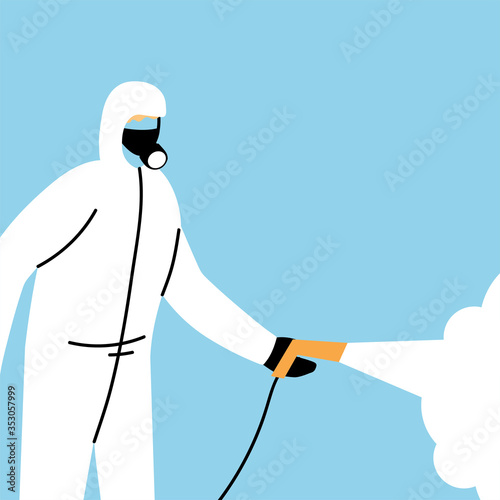 man wears protective suit, disinfection by coronavirus or covid 19