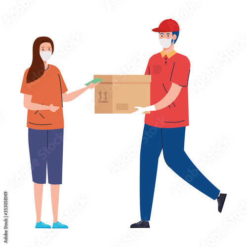 delivery of goods during the prevention of coronavirus, courier worker using face mask and customer vector illustration design