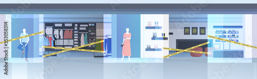 empty shopping mall with yellow tape coronavirus pandemic quarantine covid-19 concept no people fashion clothes shop interior horizontal vector illustration