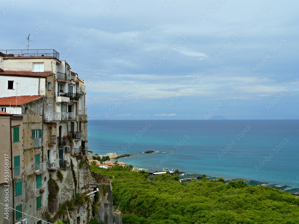 Italy,Calabria-view to historic building in Tropea and sea