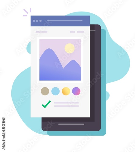 Image photo editing software app online on mobile phone vector or smartphone picture creating via digital drawing program flat cartoon, concept of graphic editor content modern color design isolated
