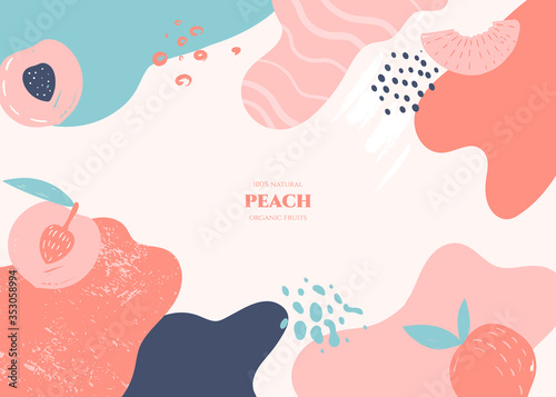 Vector frame with doodle peach and abstract elements. Hand drawn illustrations.