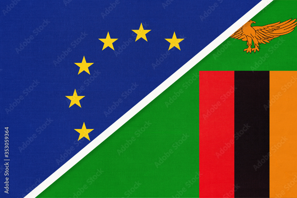 Fototapeta premium European Union or EU and Zambia national flag from textile. Symbol of the Council of Europe association.