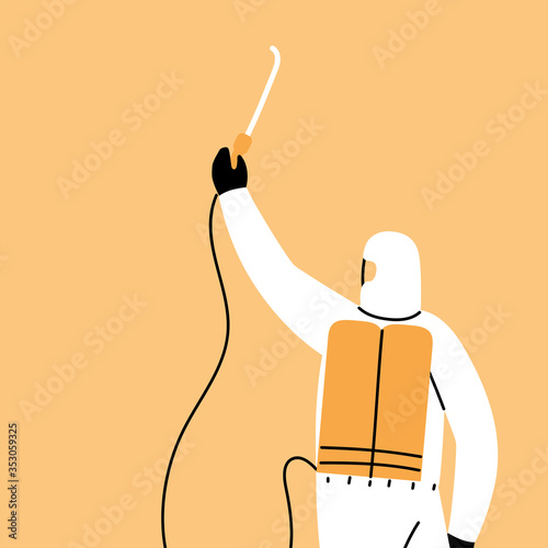 man wears protective suit, disinfection by coronavirus or covid 19