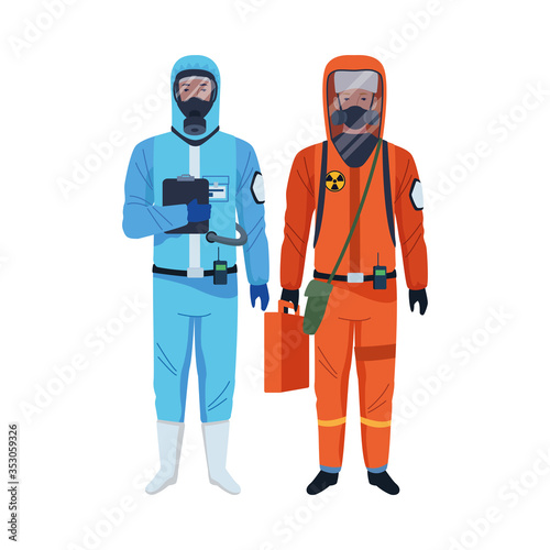 workers wearing biosafety suits characters