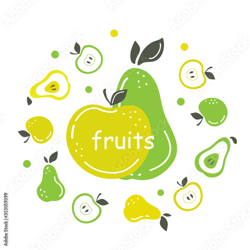 Vector set of fresh summer fruits. Pears and apples and halves around. 