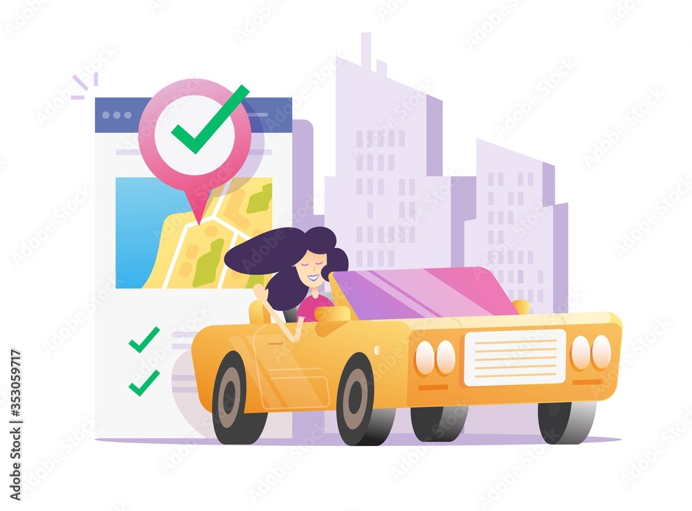 Vehicle car city gps position map pin pointer mobile app or automobile rental and sharing location online concept vector flat cartoon, woman driving car on town navigational system, taxi service Vehicle car city gps position map pin pointer mobile app or automobile rental and sharing location online concept vector flat cartoon, woman driving car on town navigational system, taxi service