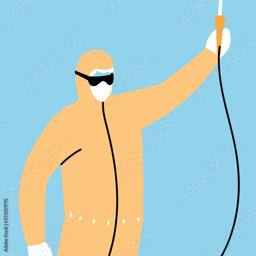 man wears protective suit, disinfection by coronavirus or covid 19