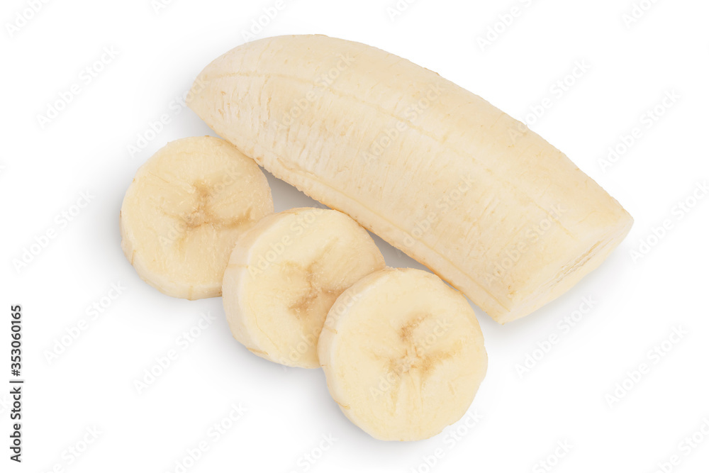 peeled banana isolated on white background with clipping path and full depth of field. Top view. Flat lay. peeled banana isolated on white background with clipping path and full depth of field. Top view. Flat lay.