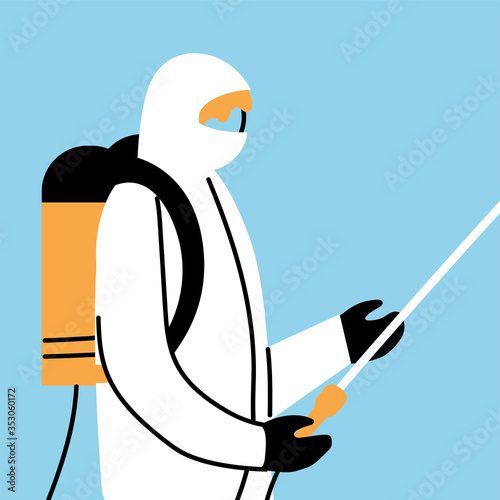 man wears protective suit, disinfection by coronavirus or covid 19