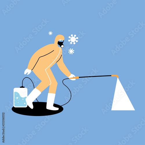 man wears protective suit, disinfection by coronavirus or covid 19