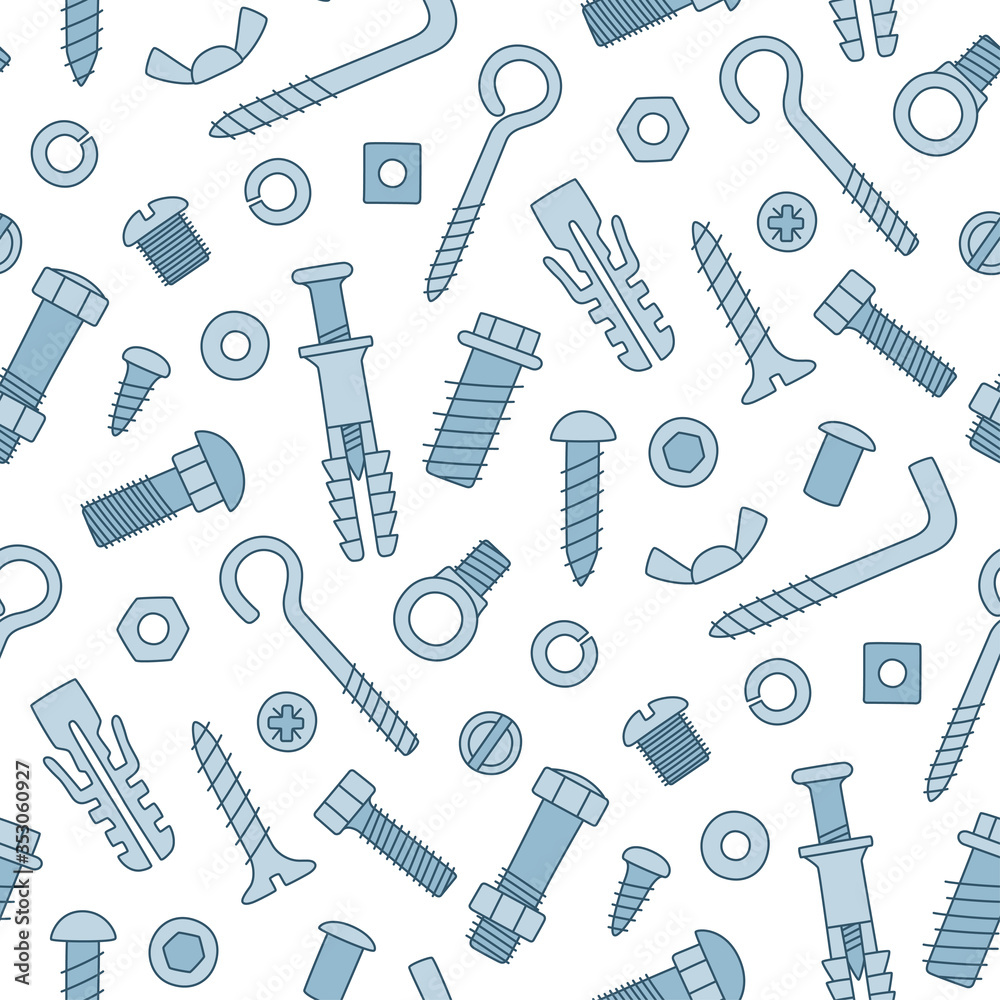 Seamless pattern of fasteners. Bolts, screws, nuts, dowels and rivets in doodle style. Hand drawn building material. Color vector illustration on white background