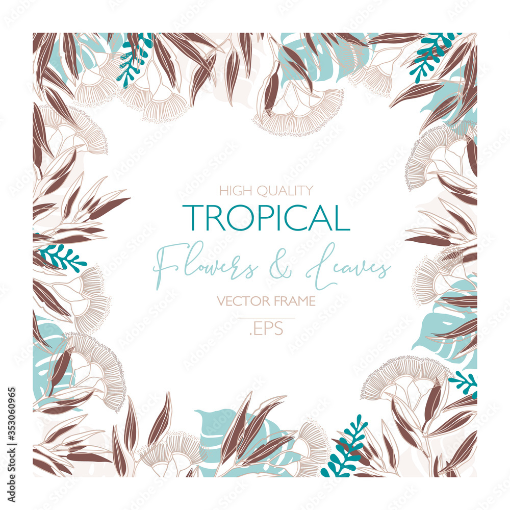 Fototapeta Vector Design Vector frame template with tropical green leaves and flowers on white background. Card with place for text. Spring or summer Trendy design