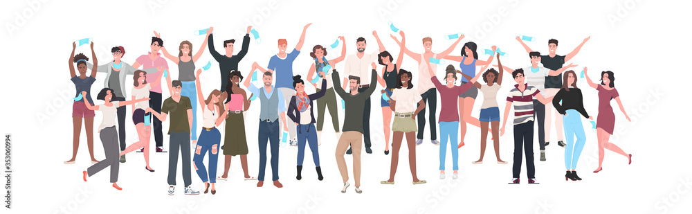 mix race people crowd taking off face masks celebrating victory over covid-19 coronavirus pandemic quarantine is ending horizontal full length vector illustration mix race people crowd taking off face masks celebrating victory over covid-19 coronavirus pandemic quarantine is ending horizontal full length vector illustration