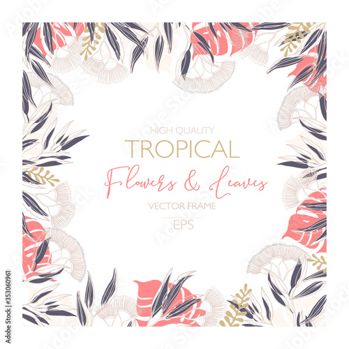 Vector Design Vector frame template with tropical green leaves and flowers on white background. Card with place for text. Spring or summer  Trendy design